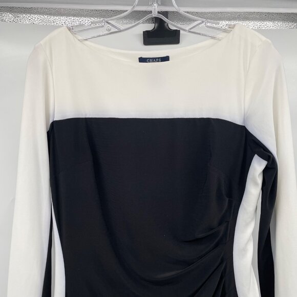 Chaps Womens Ruched Sheath Dress Long Sleeve Black/Ivory Colorblock Size M New - Picture 2 of 8